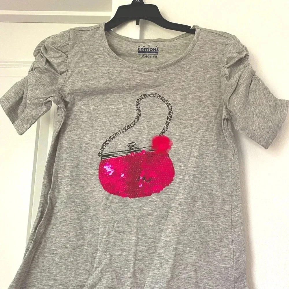 Basic Editions Girls Sequin Grey Pink Tee 14 /16 Size XL ruffled shoulder sleeve
